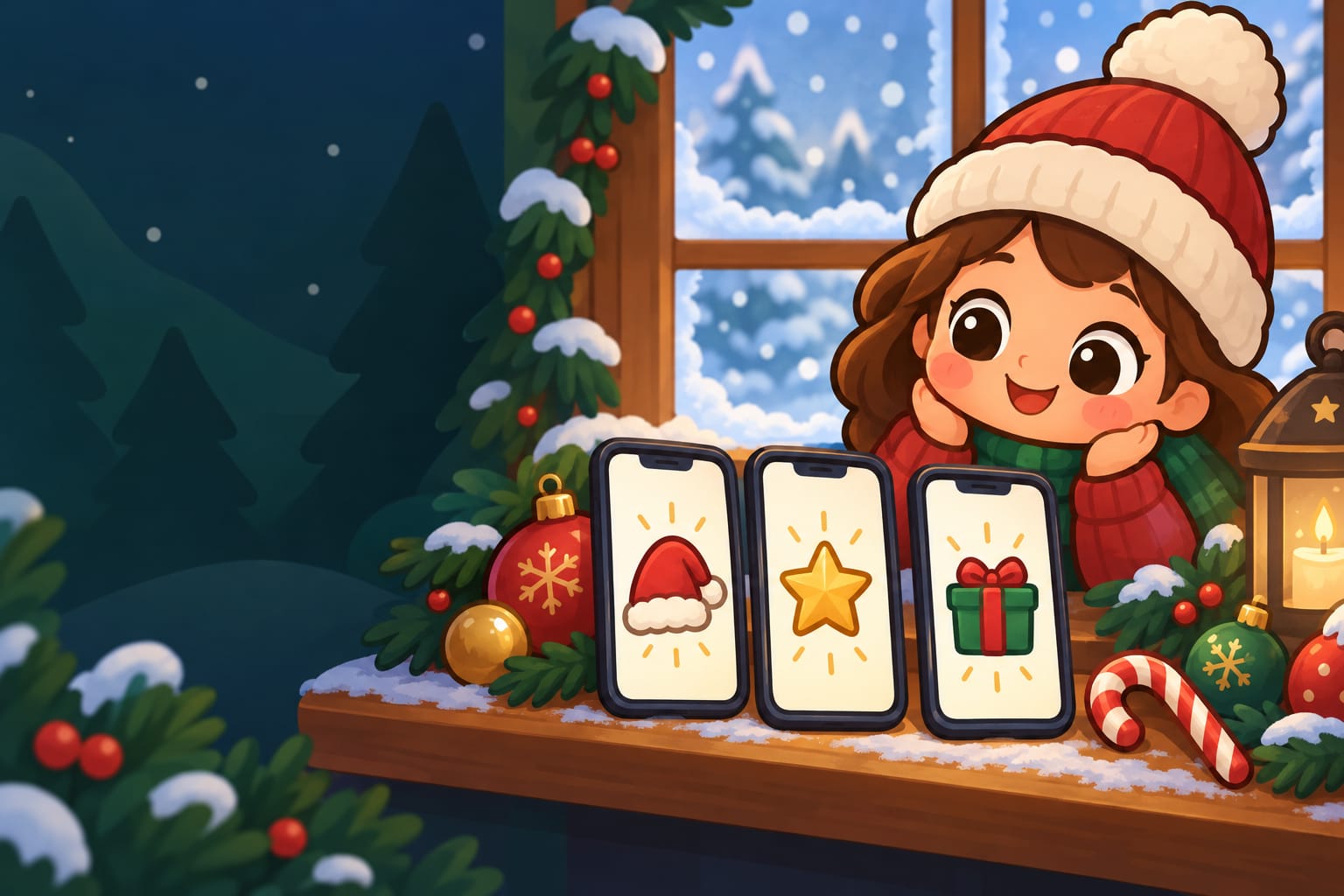 Three phones on a snowy shelf, each showing a different festive icon: a Santa hat, a star and a gift