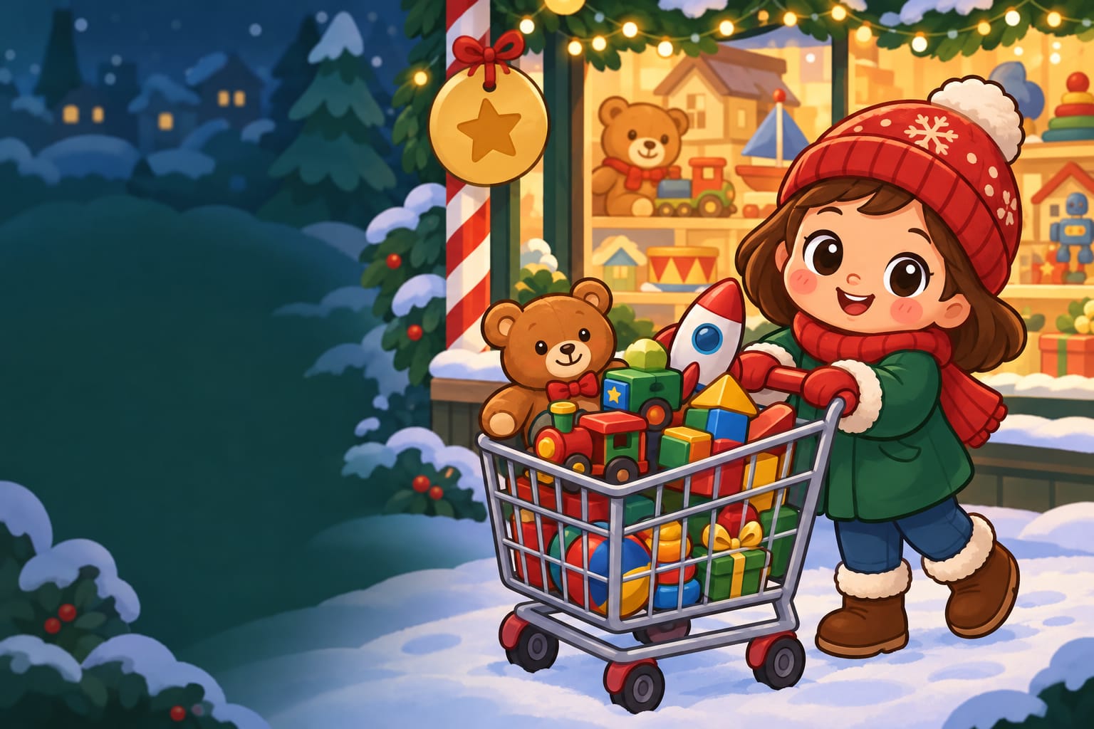 A shopping cart full of toys in front of a snowy toy shop window with a big star price tag