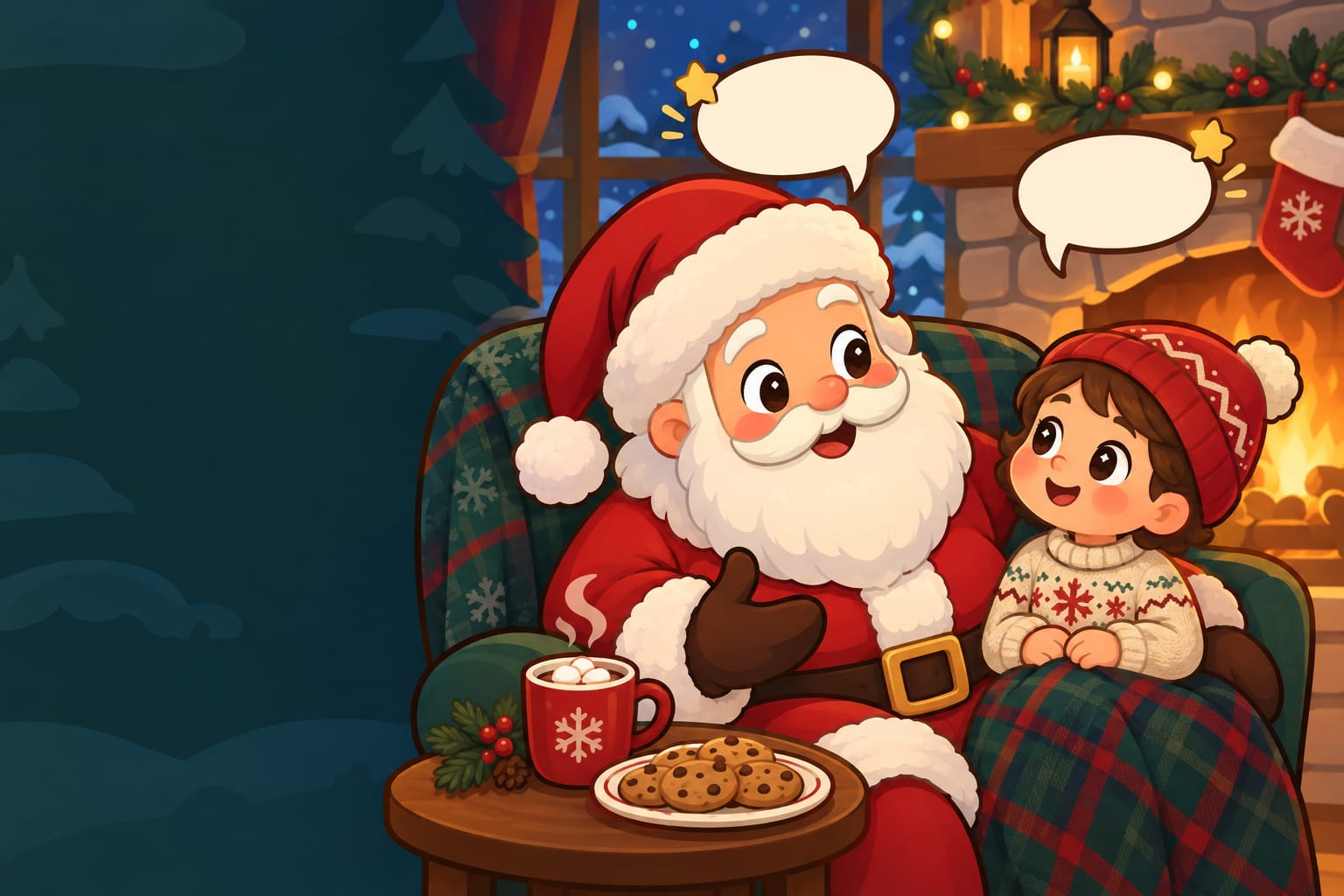 Santa and a child sitting side by side chatting with blank speech bubbles above them