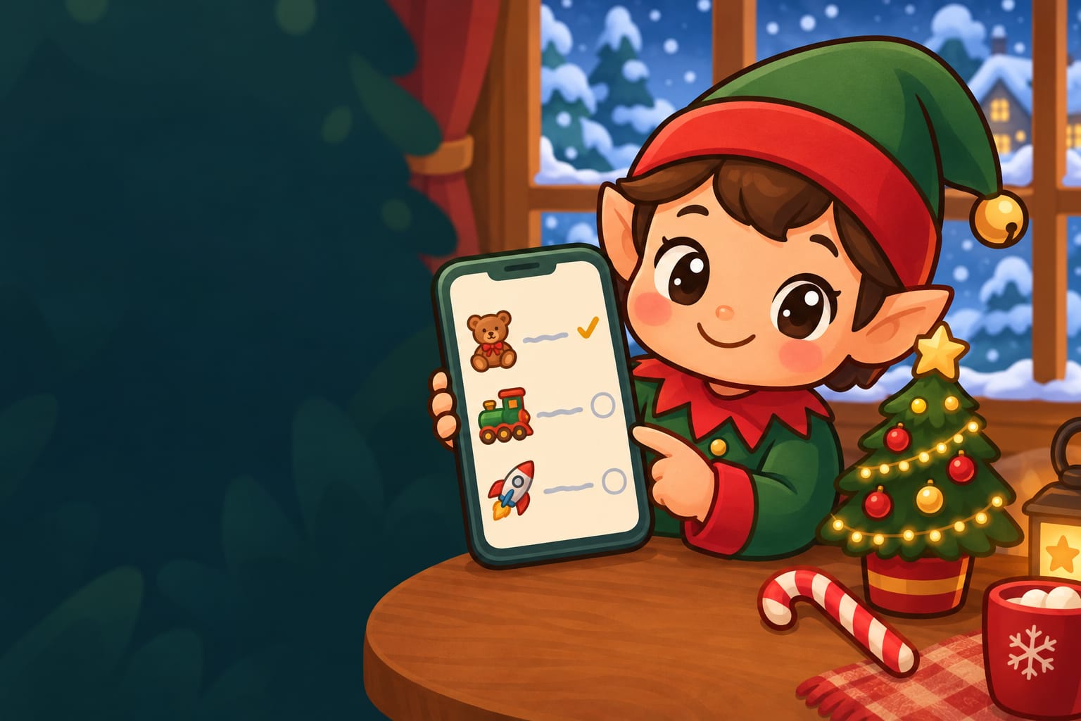 A phone showing a tidy checklist of toy icons beside a Christmas tree and a candy cane