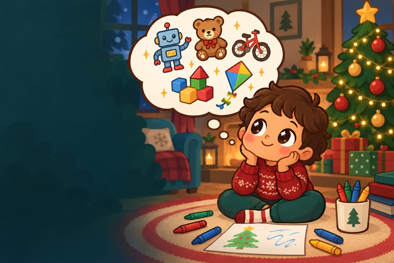 A child on the floor with crayons dreaming of toys in a thought bubble