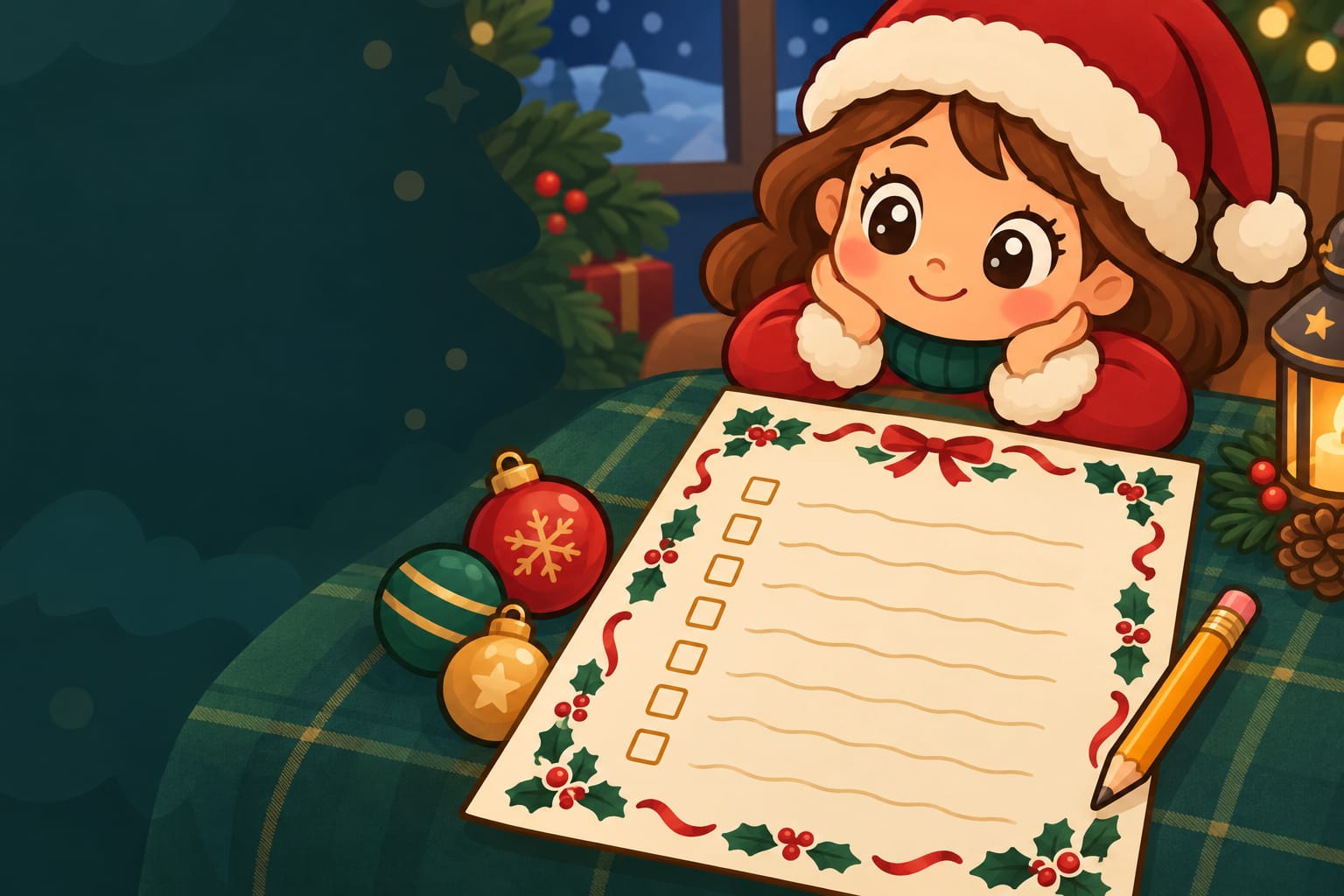 A blank decorated wish list template with a holly border and empty checkboxes, with a pencil and ornaments