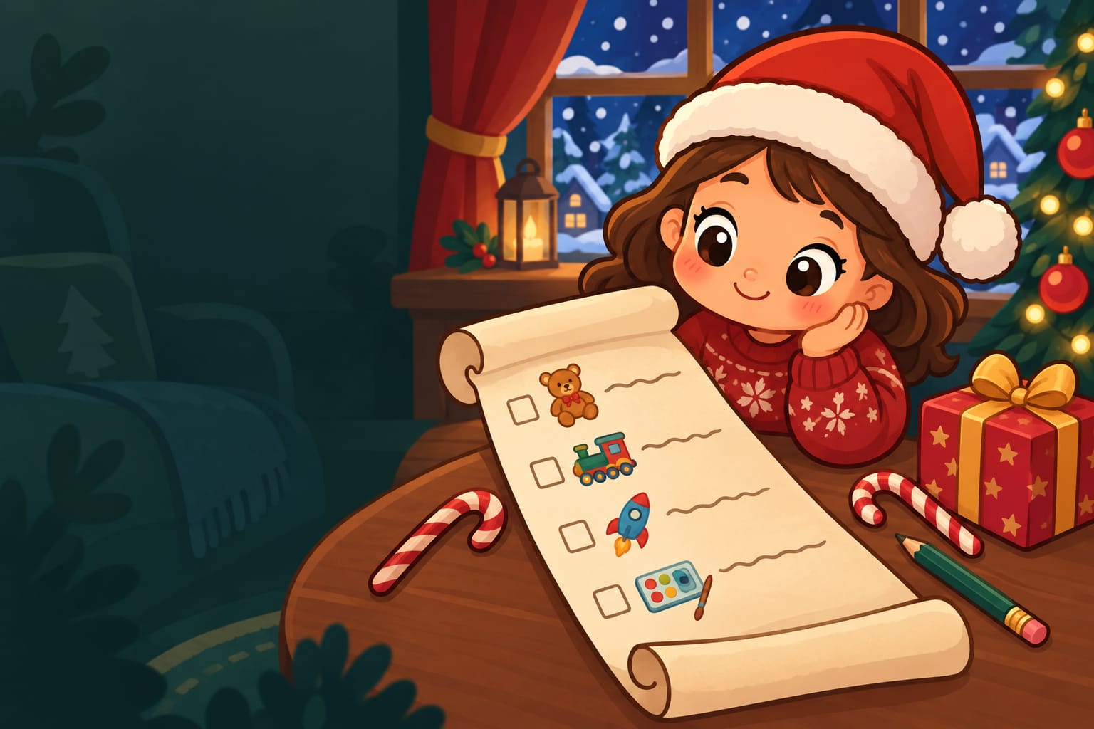 A long unrolled wish list scroll with blank checkboxes, surrounded by toys, candy canes and gifts