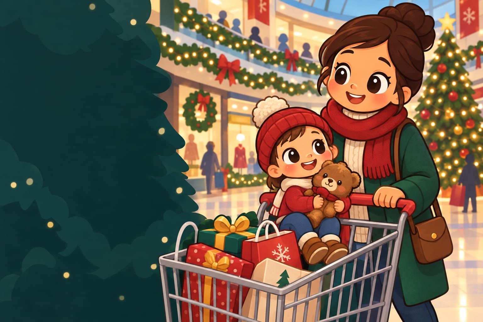 A parent pushing a shopping cart with a happy toddler holding a stuffed toy, with gift bags around