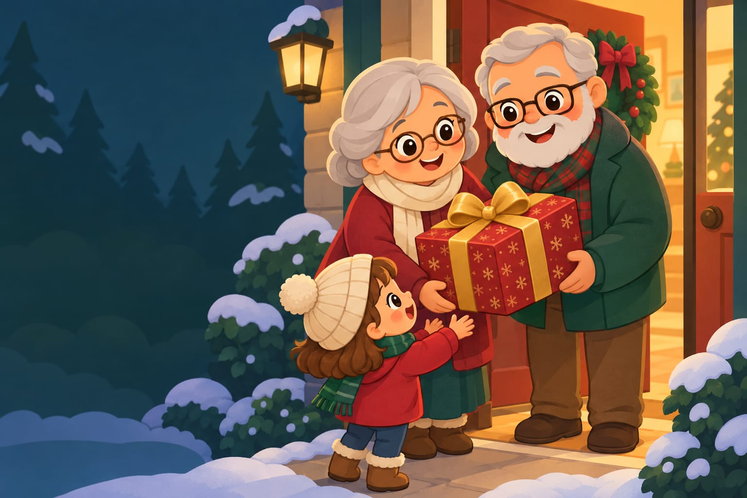 Smiling grandparents at a snowy doorway handing a wrapped gift to their excited grandchild