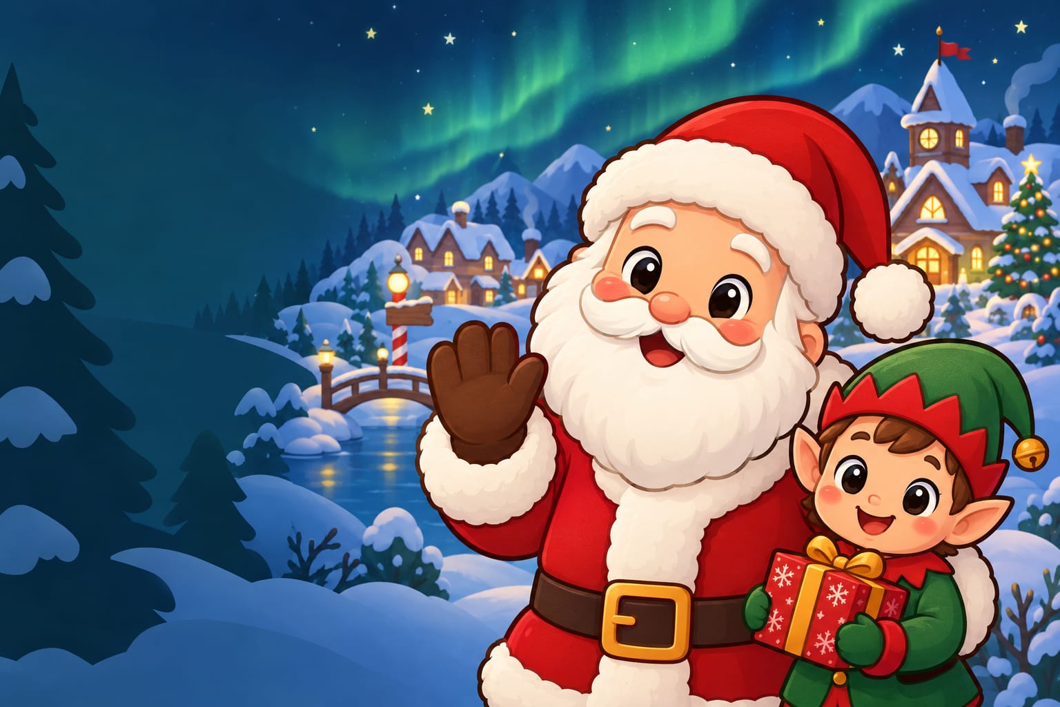 Santa waving beside a happy elf and a wrapped gift in a snowy North Pole village under the northern lights