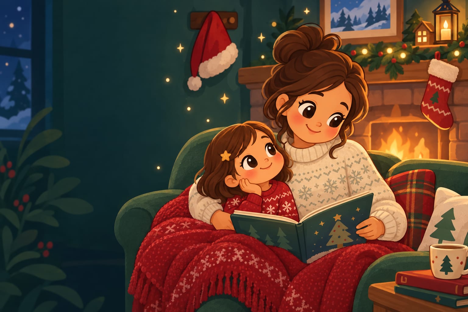 A parent and a curious child on a sofa by a fireplace with a Santa hat hanging nearby