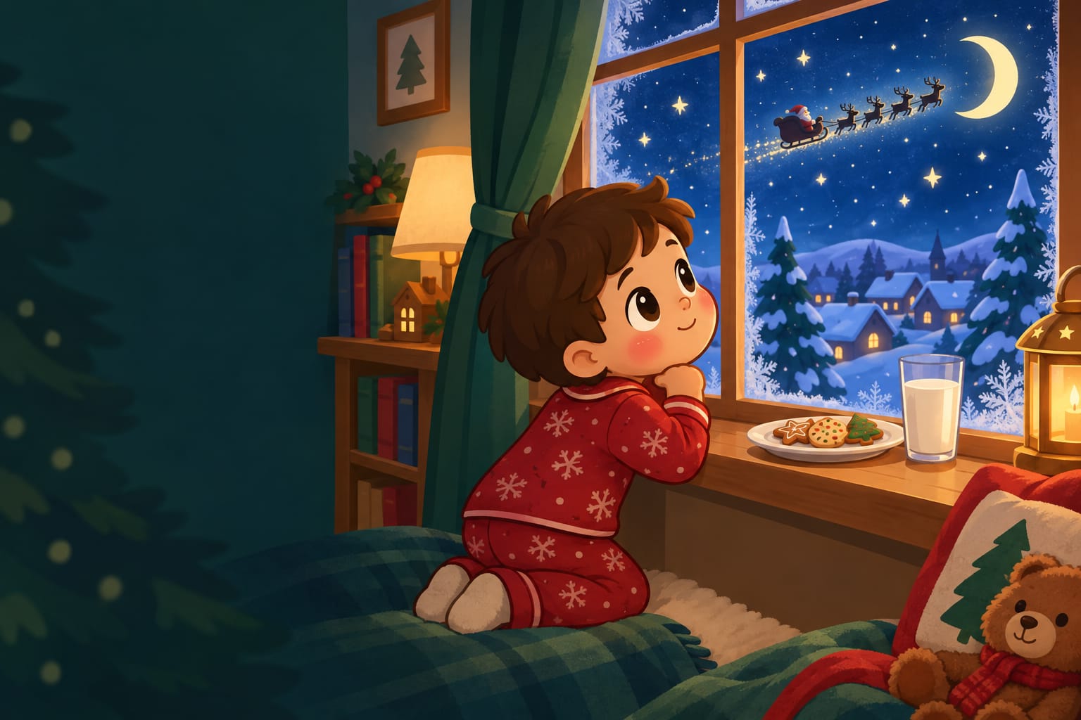 A child at a window on Christmas Eve looking at a starry sky with a sleigh and cookies and milk on the sill