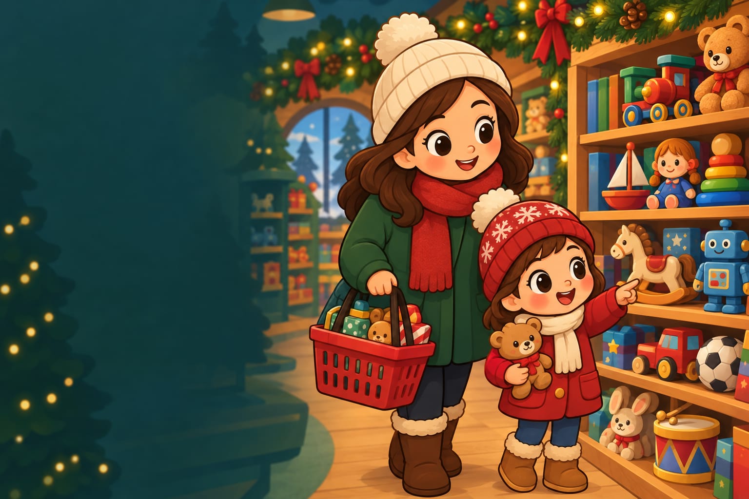A child in a toy aisle pointing wide-eyed at a tall shelf of toys while a parent smiles patiently