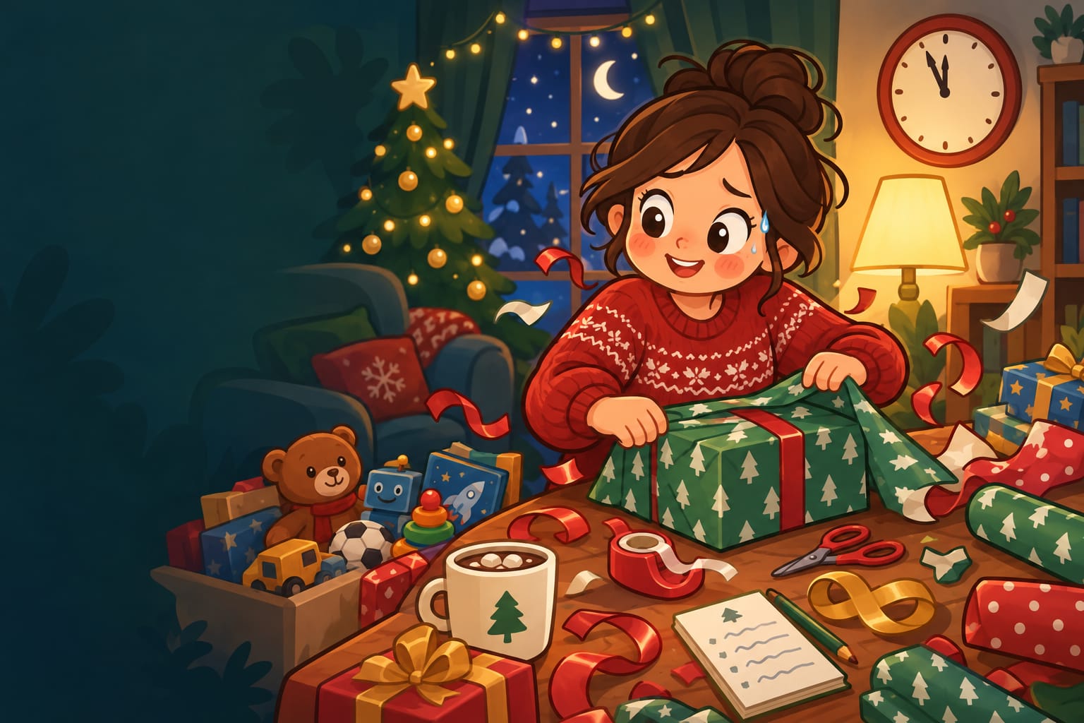 A parent wrapping gifts in a hurry late at night with ribbons flying and a clock nearing midnight