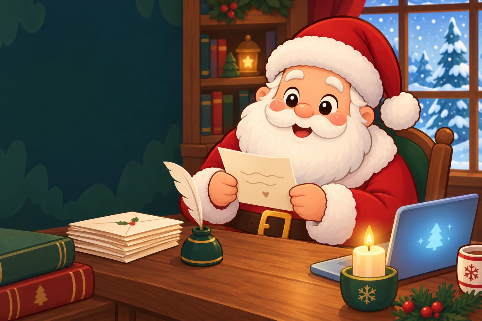 Santa reading a letter at his wooden desk at the North Pole with a glowing laptop and a stack of envelopes