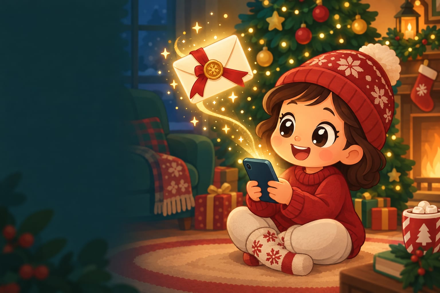 A glowing envelope with a gold seal flying out of a phone toward a delighted child