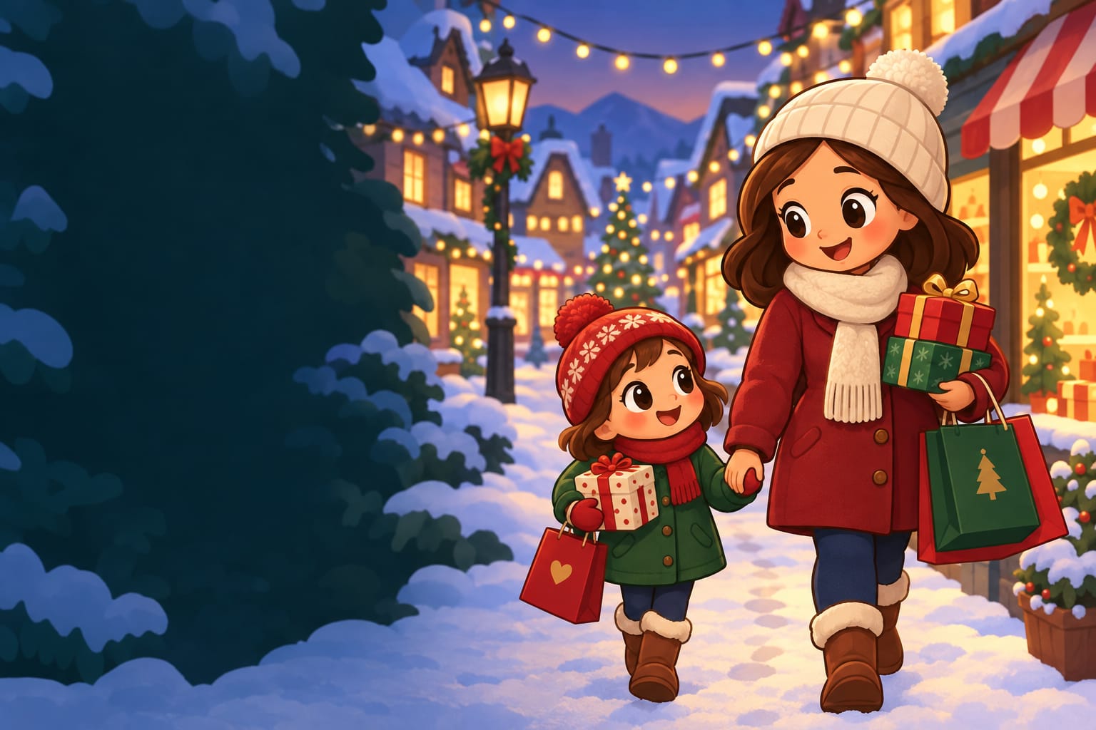 A parent and child walking hand in hand along a snowy street with shopping bags and twinkling lights