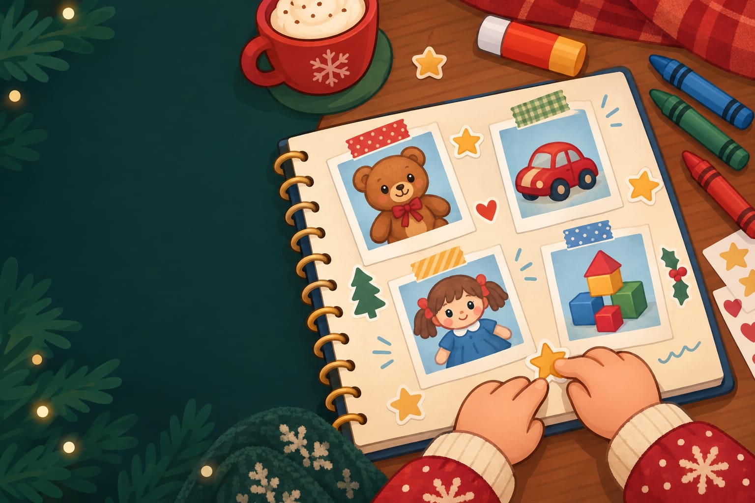 A scrapbook page of toy pictures stuck down with washi tape and a child's hands holding a sticker