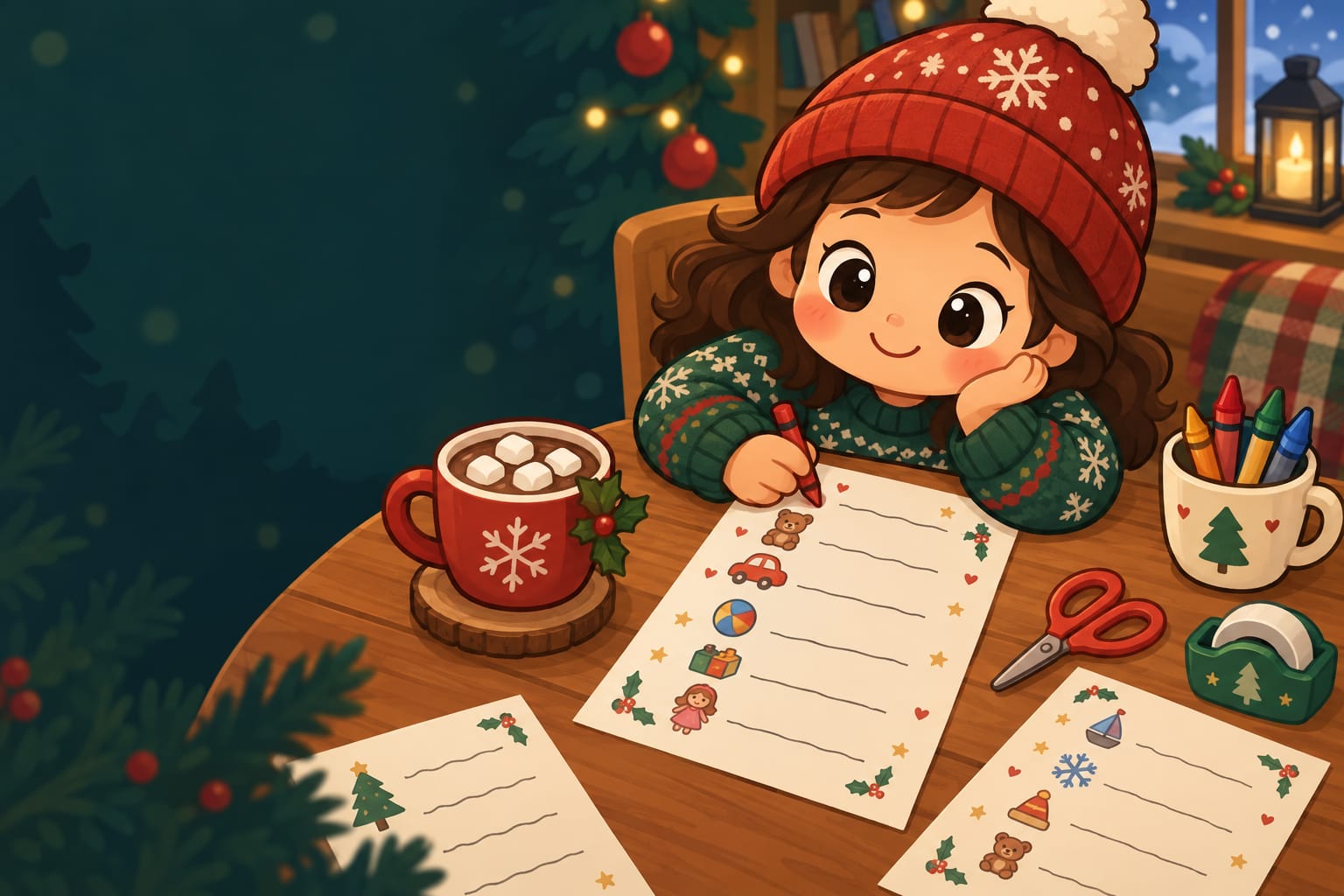 A cozy table with printed wish lists, crayons, scissors and a mug of cocoa