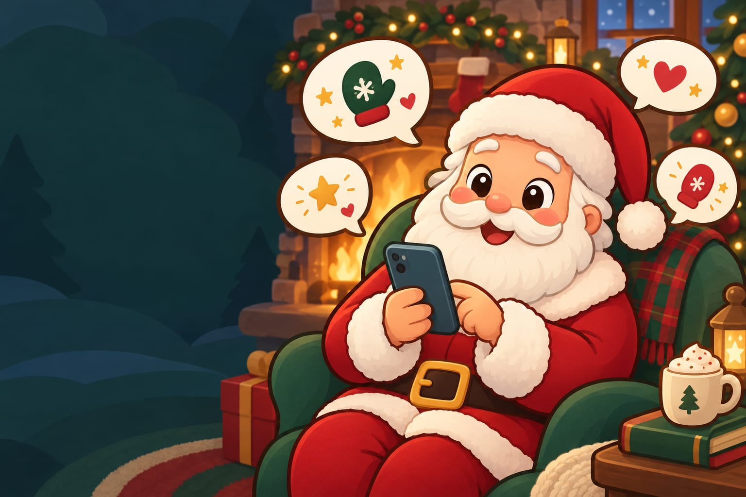 Santa in a cozy chair holding a phone with blank speech bubbles floating around him