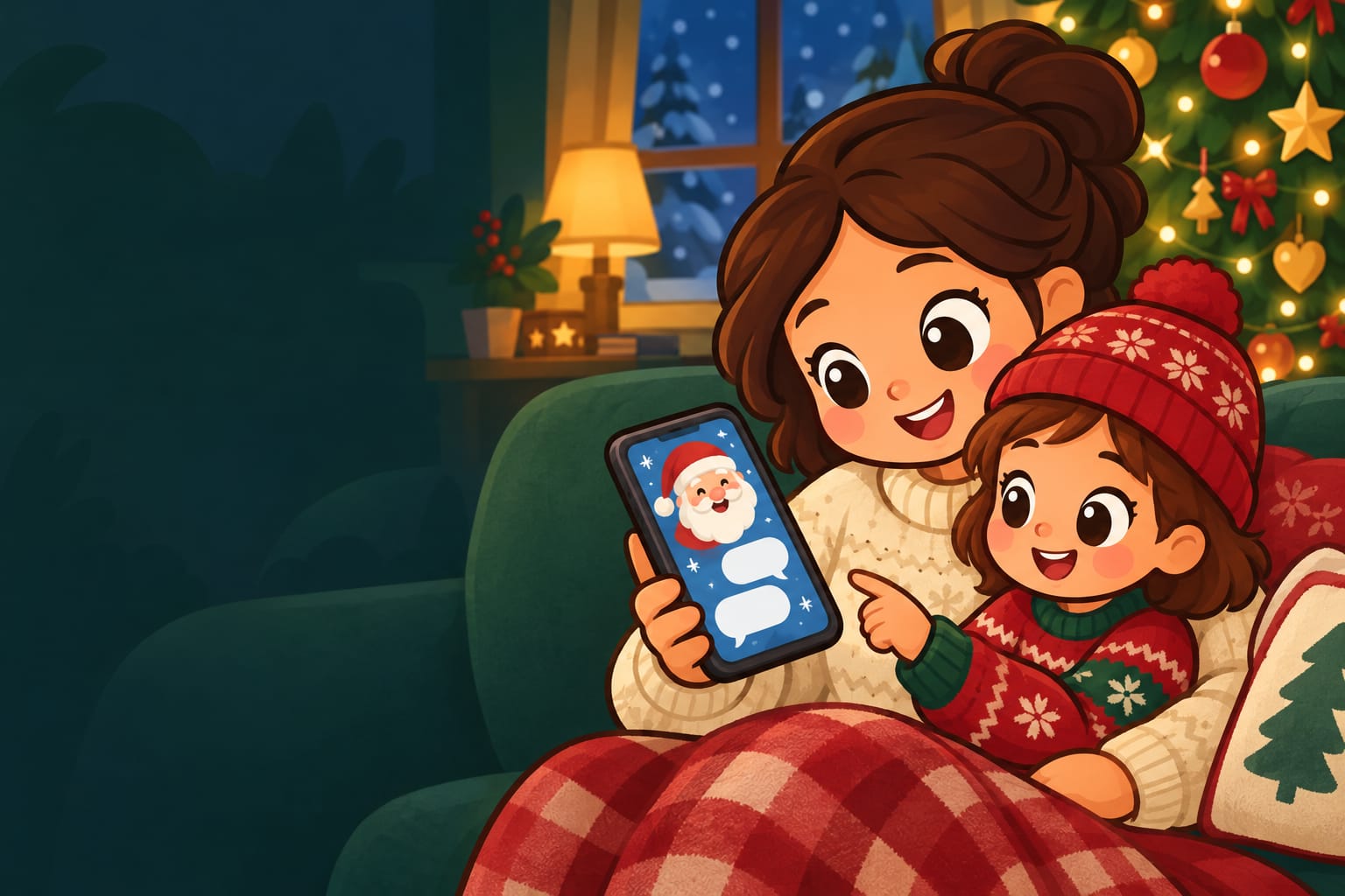 A parent and child on a sofa looking at a phone showing a friendly Santa face