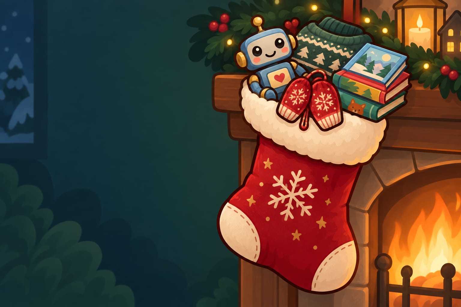 A Christmas stocking with four gifts spilling out: a toy, a warm sweater, mittens and a stack of books