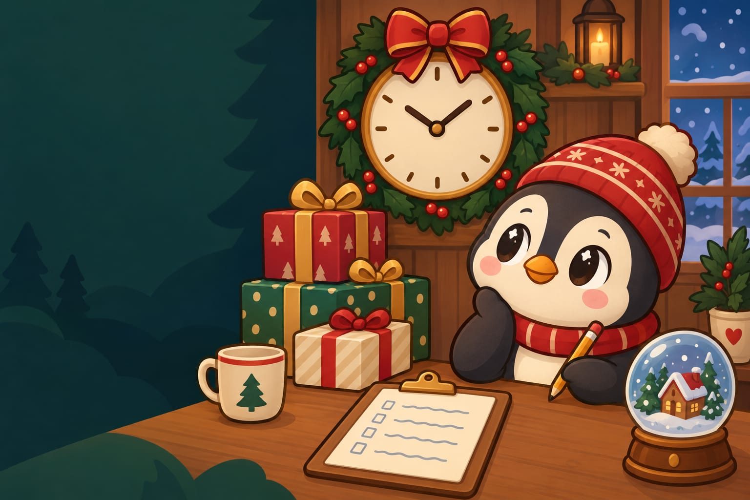 A big wall clock wrapped in a holly wreath beside a stack of presents and a shopping list