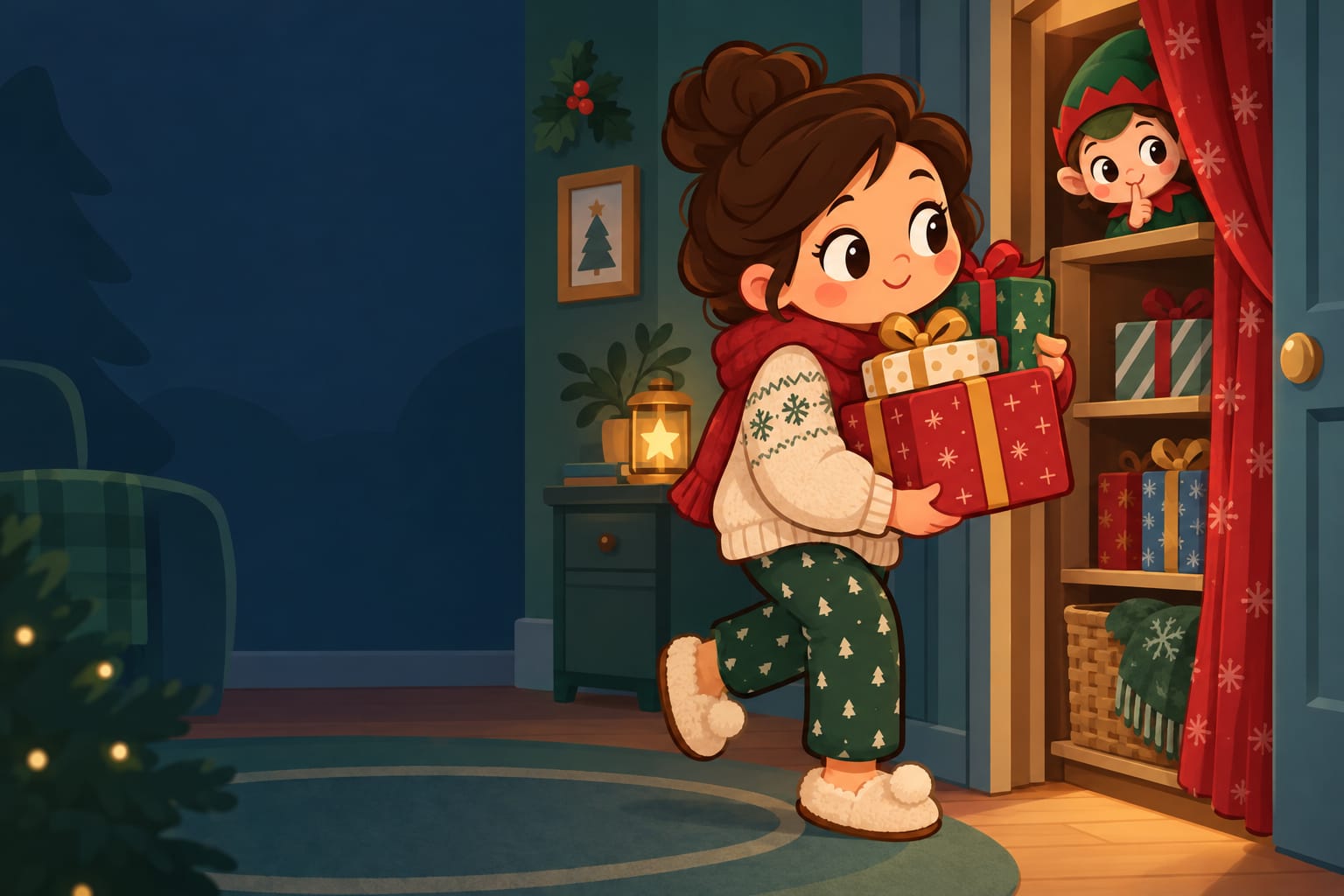 A parent tiptoeing toward a closet with wrapped gifts while a little elf holds a finger to its lips