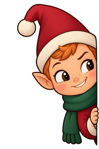 Pepper, a freckled elf with a ginger tuft, a red pom-pom hat and a sideways grin, peeking in from the edge