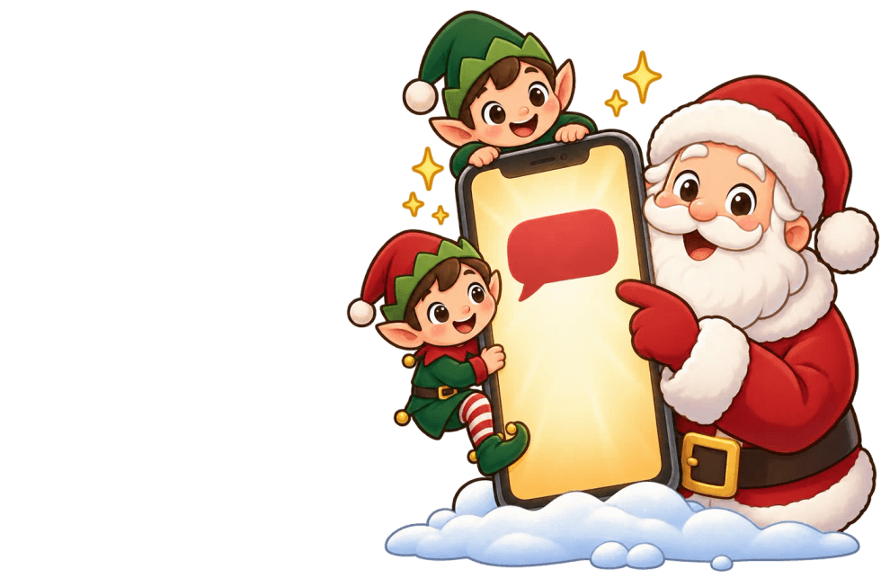 Santa holding a phone while two elves peek over it, standing in the snow