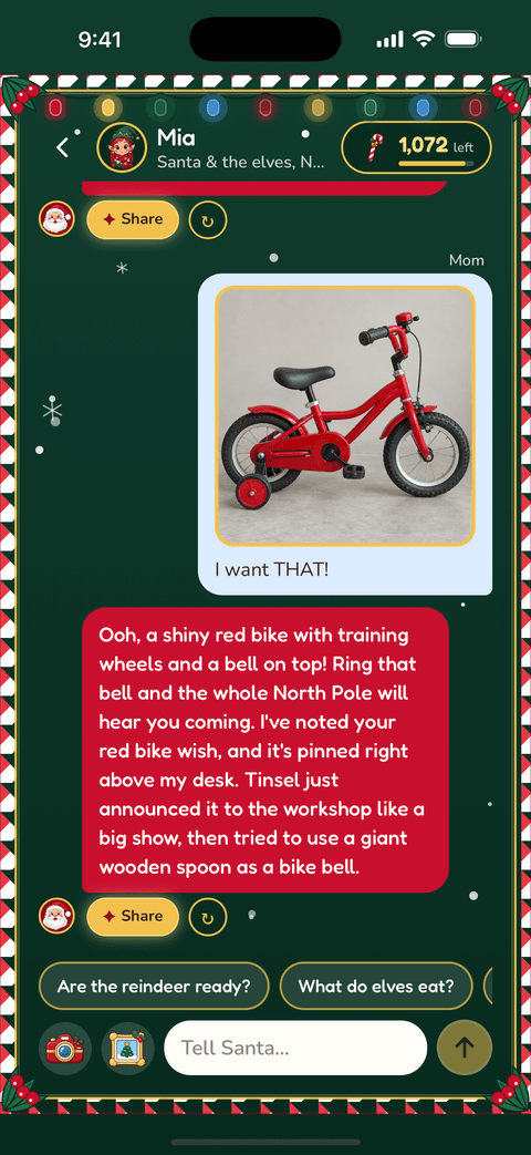 Mia's chat: a photo of a red bicycle sent with the line I want that, and Santa's reply in a red bubble