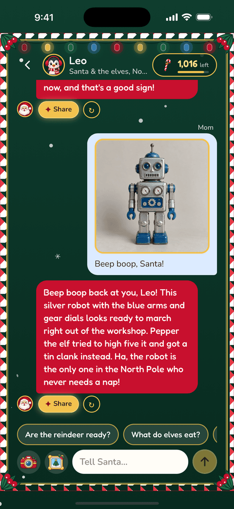 Leo's chat: a photo of a tin robot and Santa's reply, a short story about the elf Pepper in the workshop