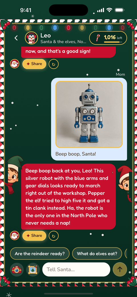 Leo's chat with two elves peeking in from the screen edges during a playful screen effect