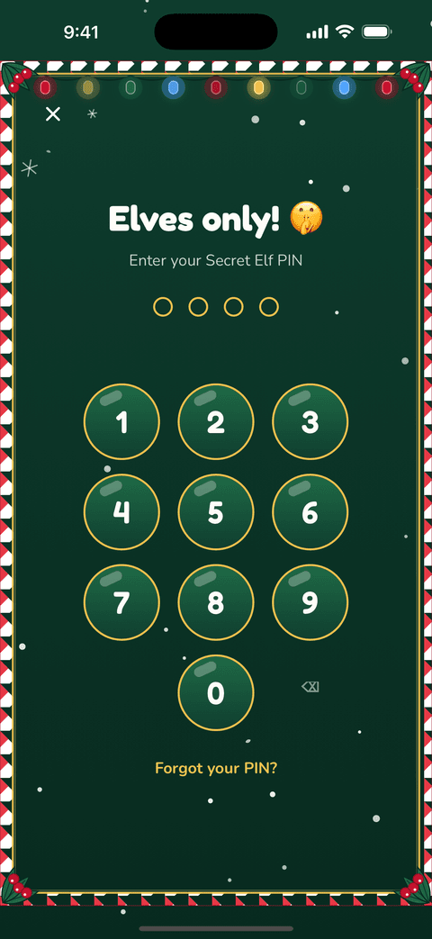 The Elves only screen with four empty dots and a number pad that locks the secret gift list